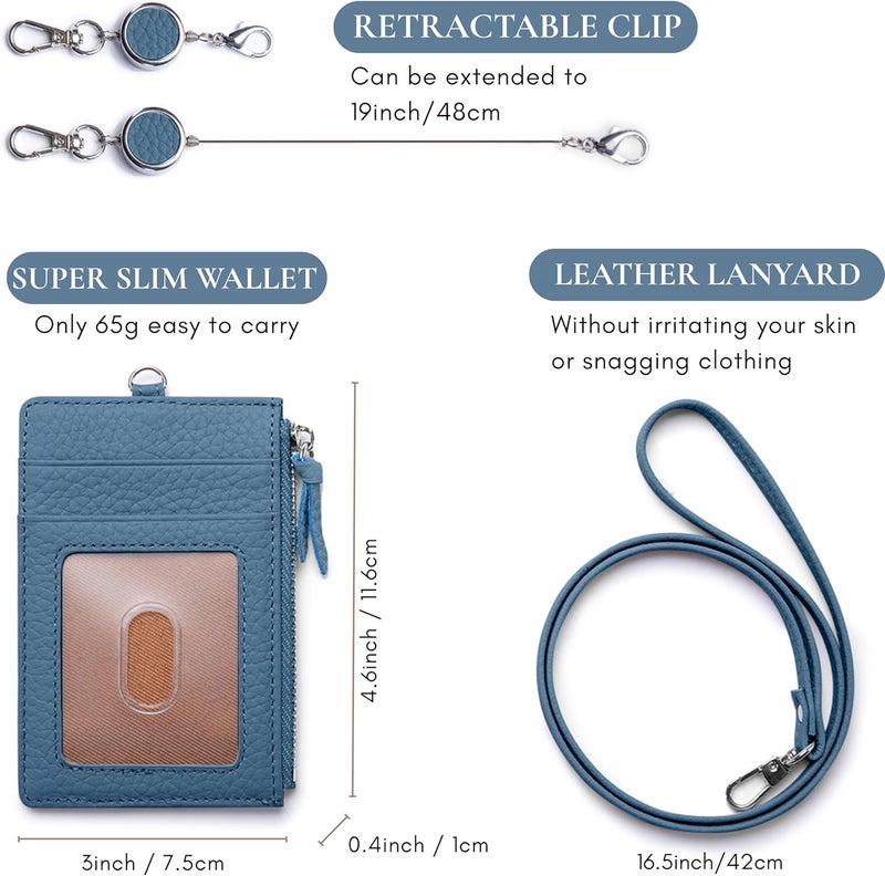 EutDett Leather ID Badge Holder, Lanyard Wallet for Women & Men, Leather Lanyards for id Badges, Women's ID Case with Zipper Pocket for Teacher Nurse Student (Misty Blue) - Image 3